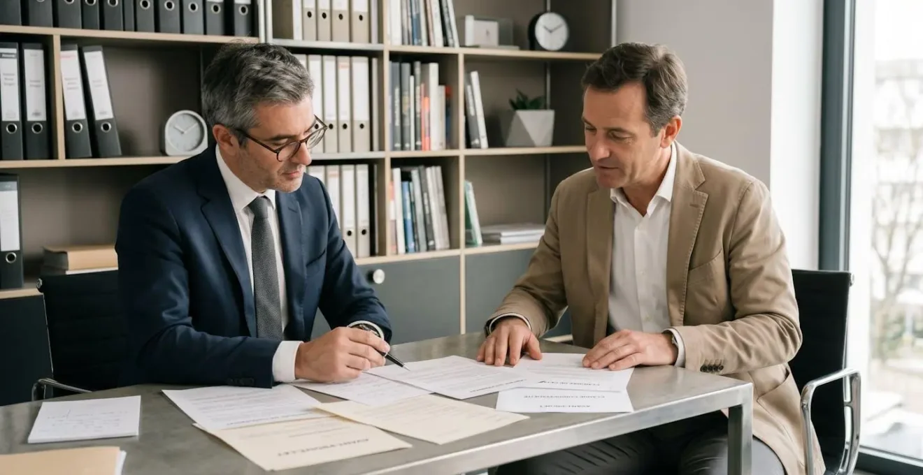 Avocat et dirigeant d'entreprise consultant des documents juridiques dans un bureau contemporain français