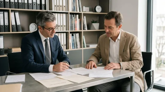 Avocat et dirigeant d'entreprise consultant des documents juridiques dans un bureau contemporain français