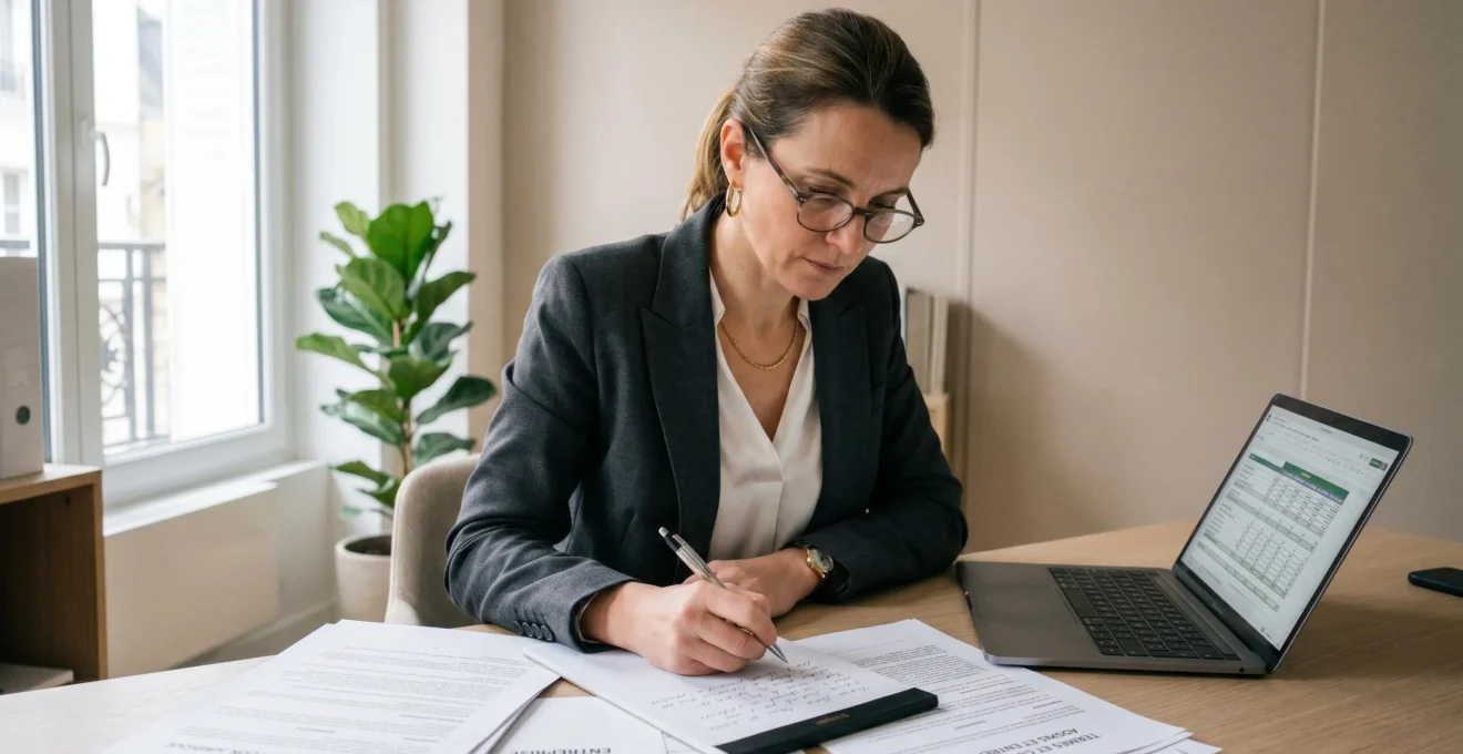 Dirigeante d'entreprise analysant des documents d'assurance protection juridique et prenant des notes à son bureau