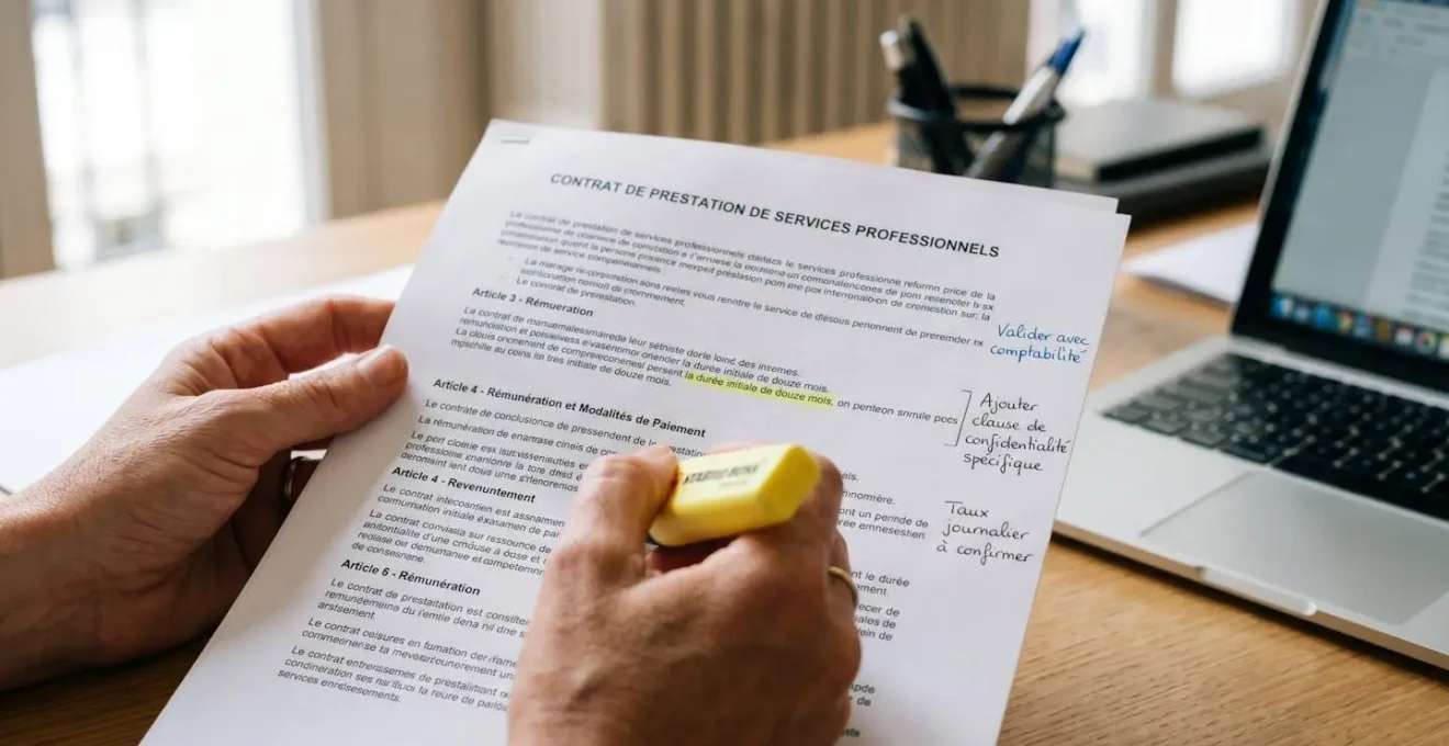 Mains d'un dirigeant annotant au surligneur jaune les clauses d'un contrat commercial sur un bureau