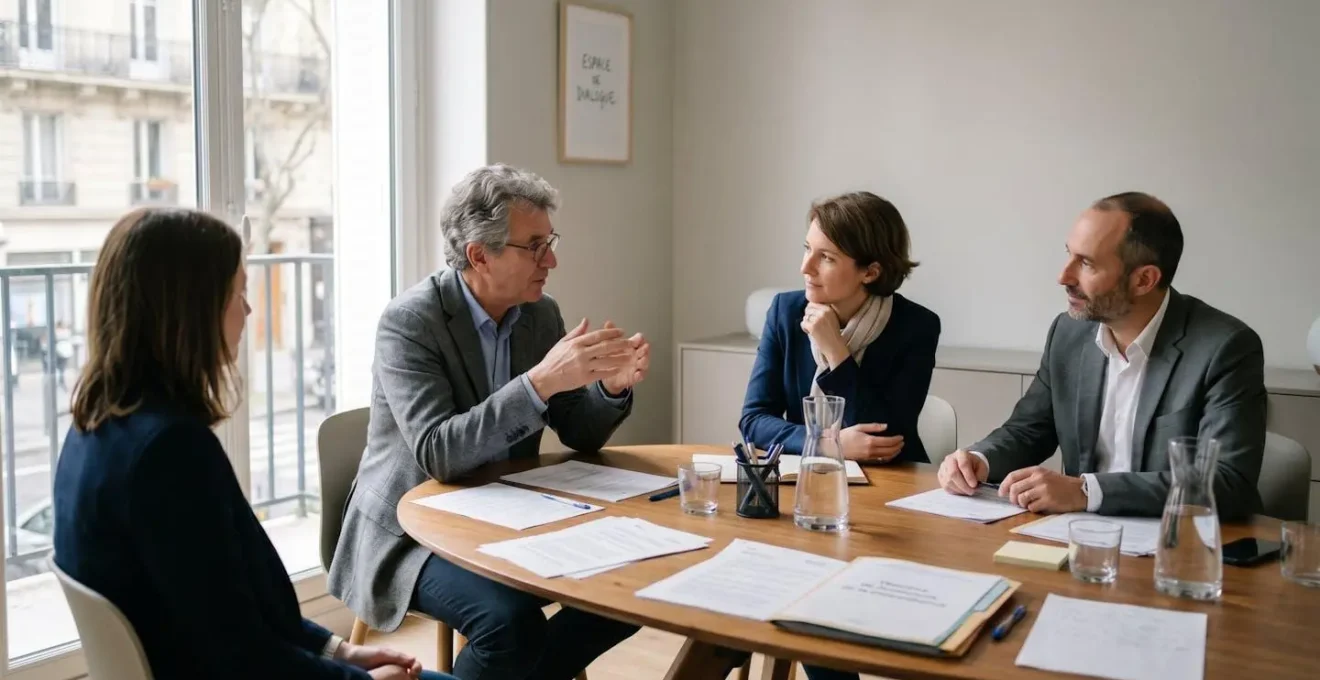 Session de médiation professionnelle avec médiateur et deux dirigeants d'entreprise autour d'une table de réunion